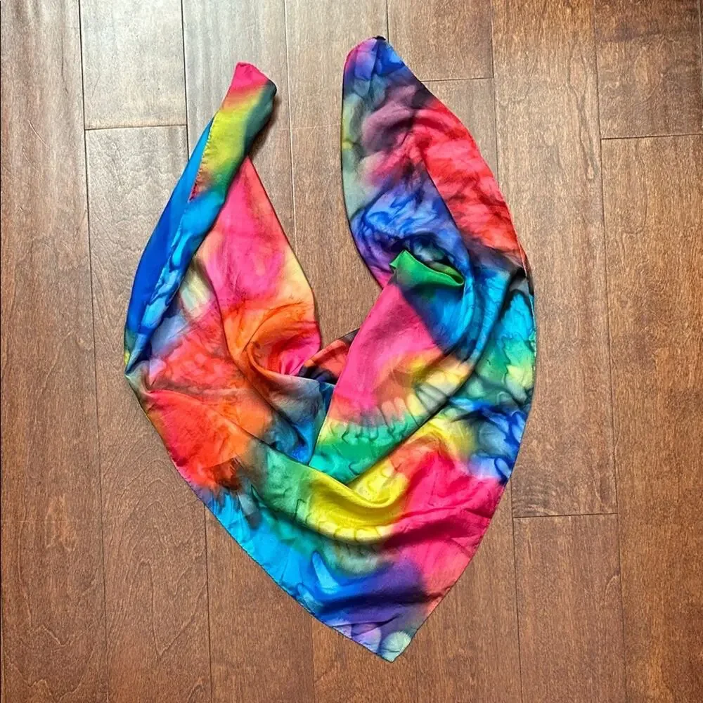 Hand Rolled Multicolor Rainbow Tie-Dye Scarf in a Silky Fabric, Square Shape